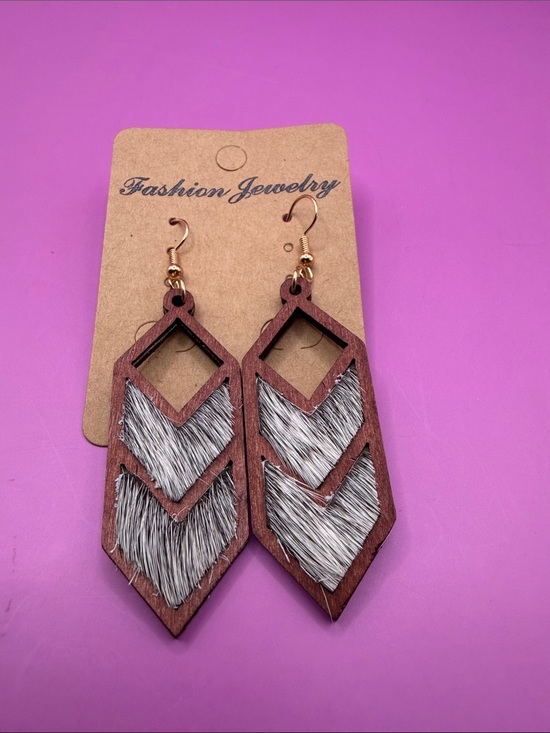 Fashion Jewelry Jewelry - Wood with Gray Faux Fur Inset Chevron Drop Earrings